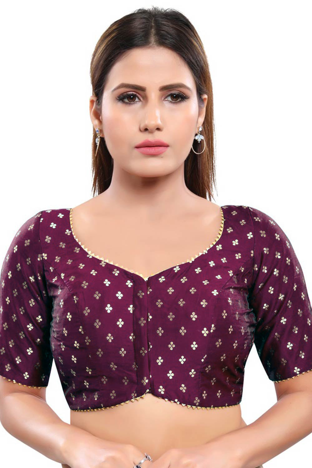 Purple Jacquard Front Open Padded Elbow Sleeves Saree Blouse