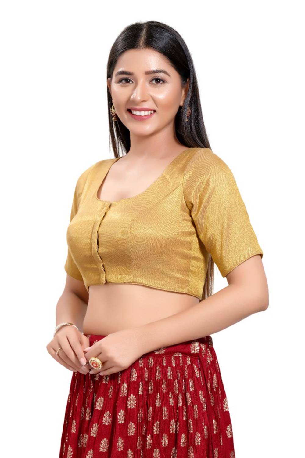 Gold Shimmer Square Neck Elbow Sleeves Blouse