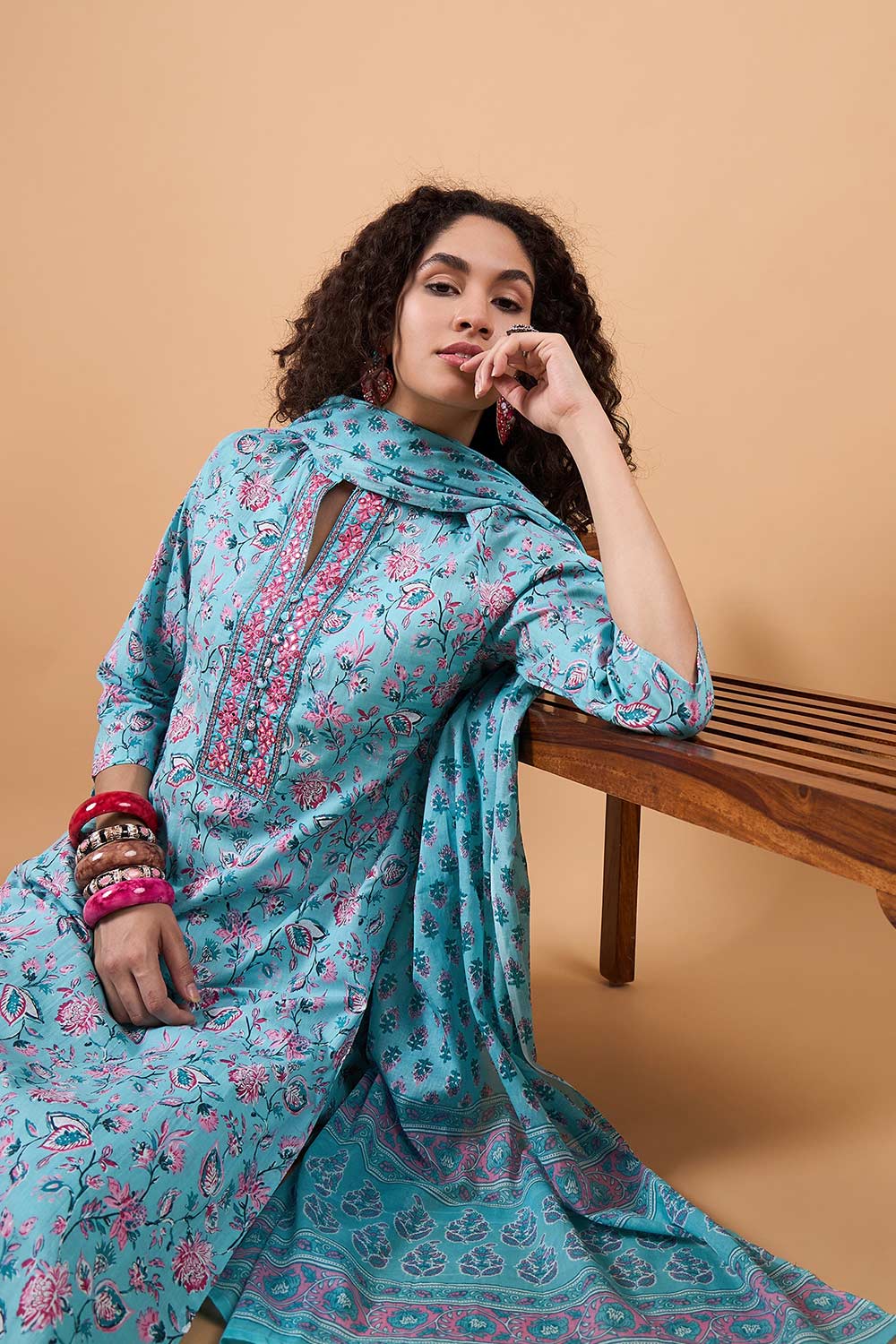 Women's Blue Cotton Printed Kurti Set