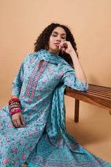 Women's Blue Cotton Printed Kurta Set