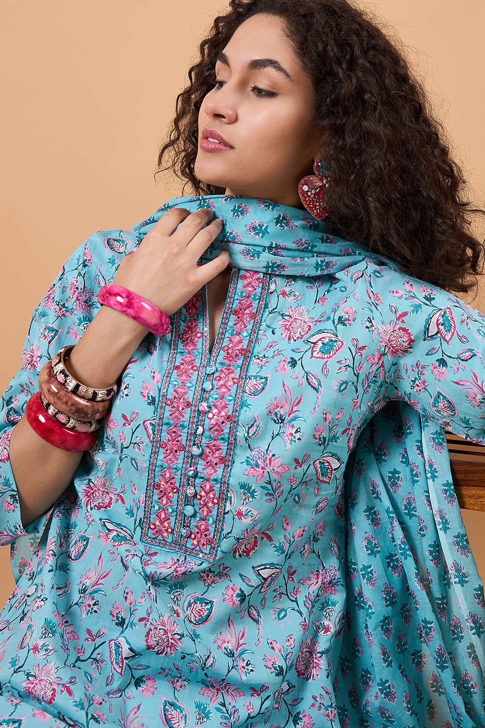 Women's Blue Cotton Printed Kurta Set