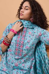 Women's Blue Cotton Printed Kurti Set