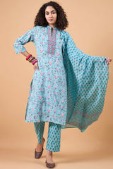 Women's Blue Cotton Printed Kurti Set