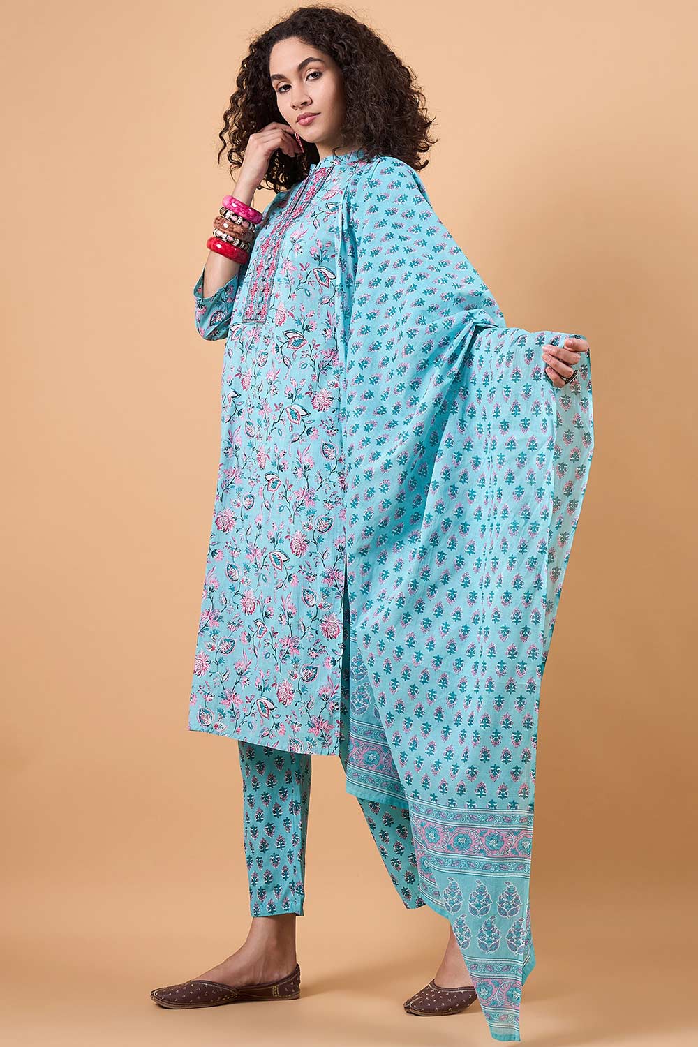 Women's Blue Cotton Printed Kurti Set