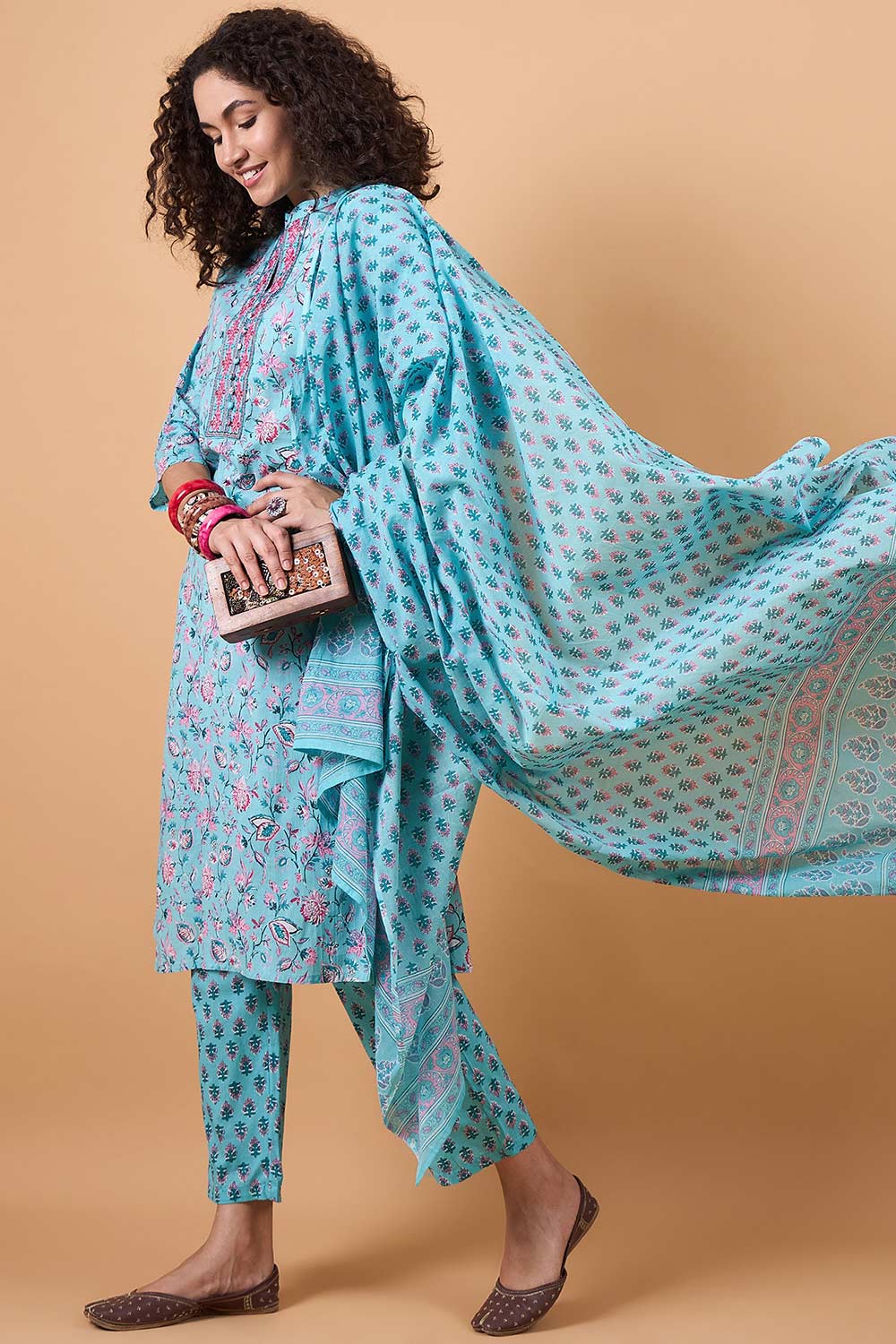 Women's Blue Cotton Printed Kurta Set