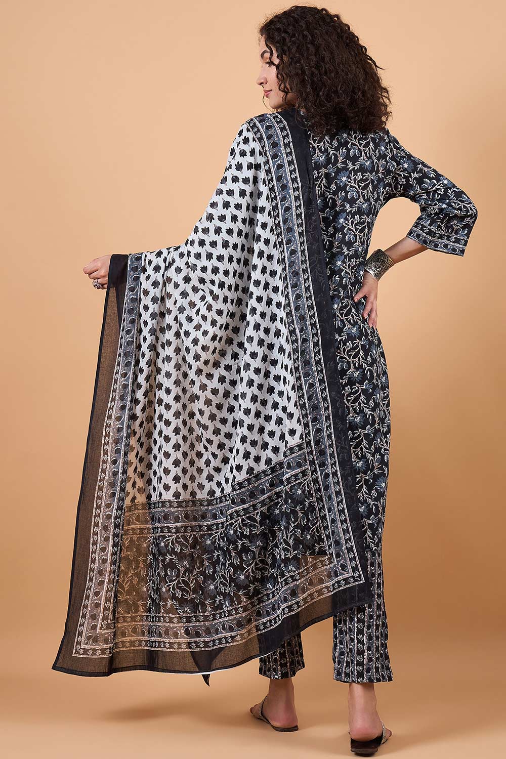 Women's Black Cotton Printed Kurti Set