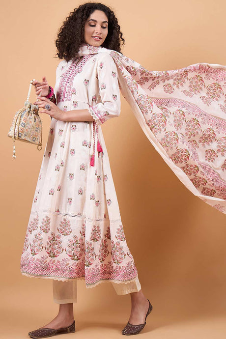 Women's White Cotton Printed Kurta Set