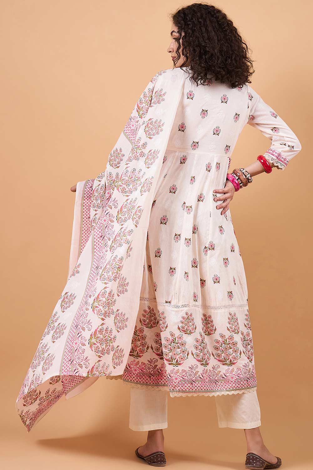 Women's White Cotton Printed Kurti Set