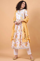 Women's White Cotton Printed Kurta Set