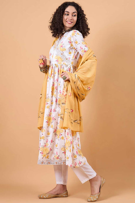 Women's White Cotton Printed Kurta Set