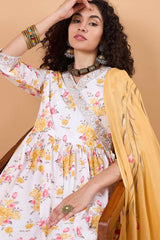 Women's White Cotton Printed Kurta Set