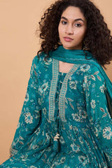 Women's Blue Chinon Printed Kurta Set