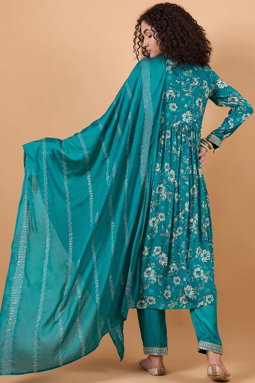 Women's Blue Chinon Printed Kurta Set