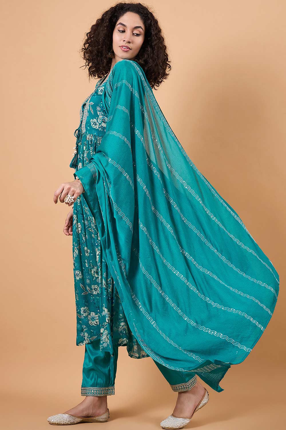 Women's Blue Chinon Printed Kurta Set