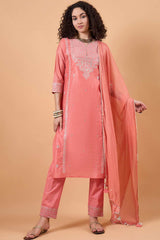 Women's Peach Silk Blend Printed Kurta Set