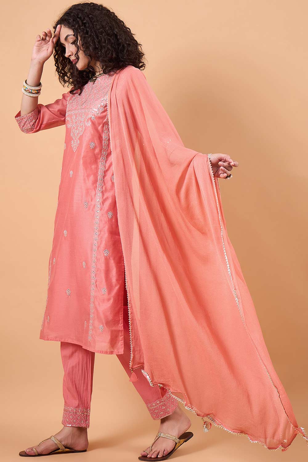 Women's Peach Silk Blend Printed Kurta Set