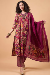 Women's Maroon Silk Blend Printed Kurti Set