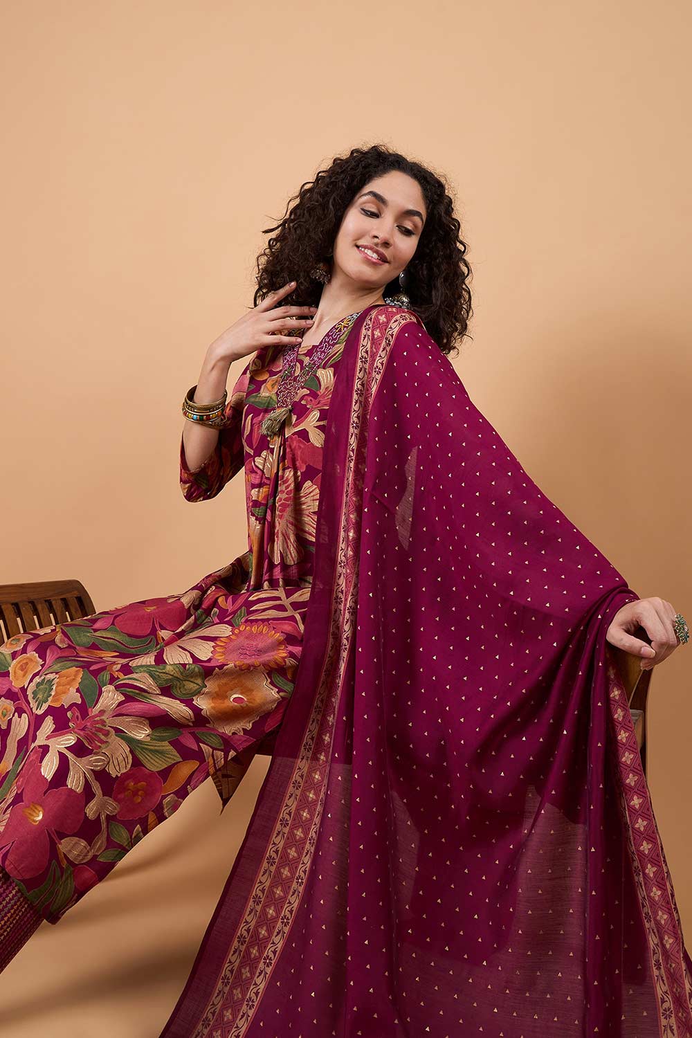 Women's Maroon Silk Blend Printed Kurta Set