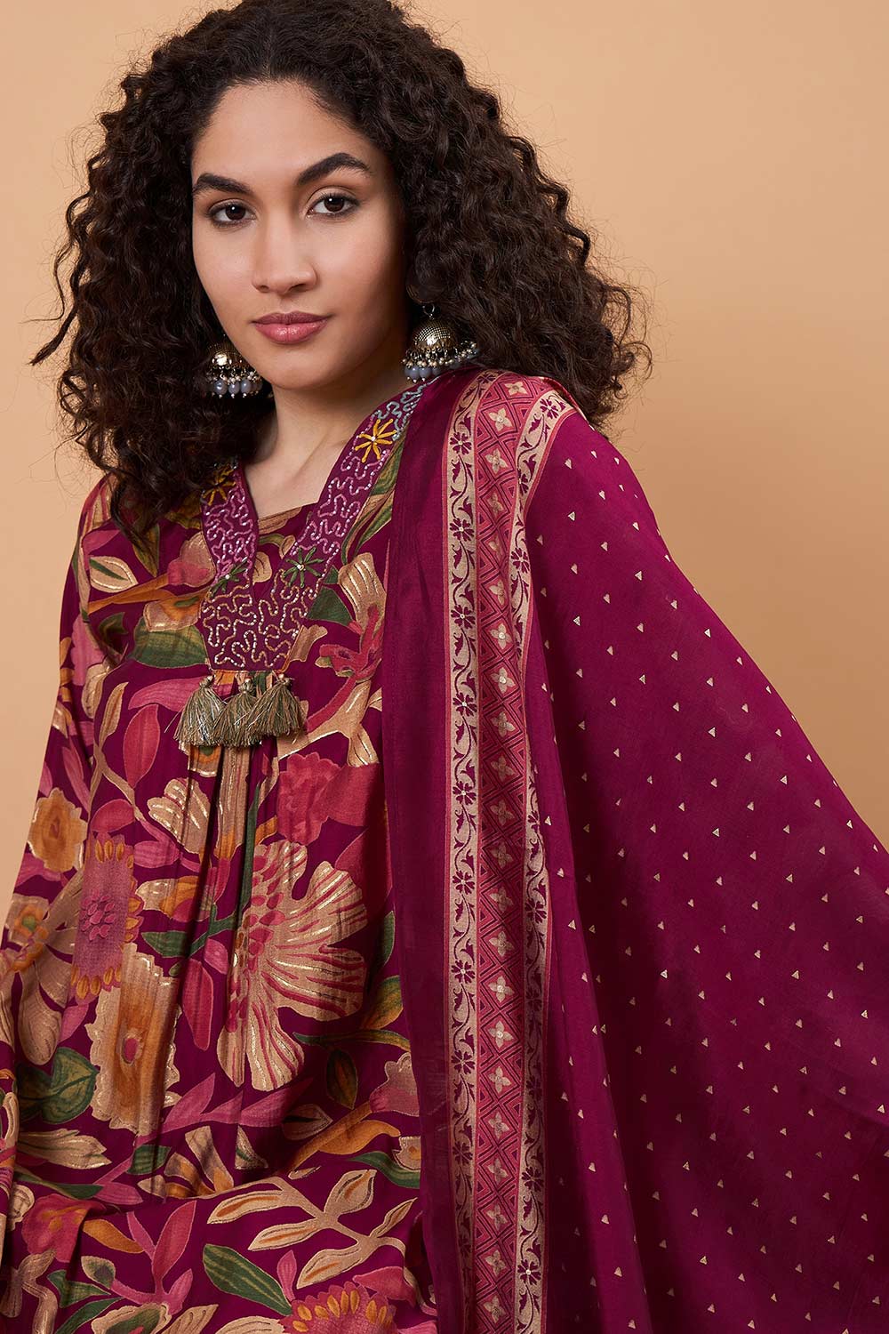 Women's Maroon Silk Blend Printed Kurti Set