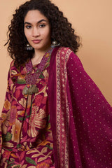 Women's Maroon Silk Blend Printed Kurta Set