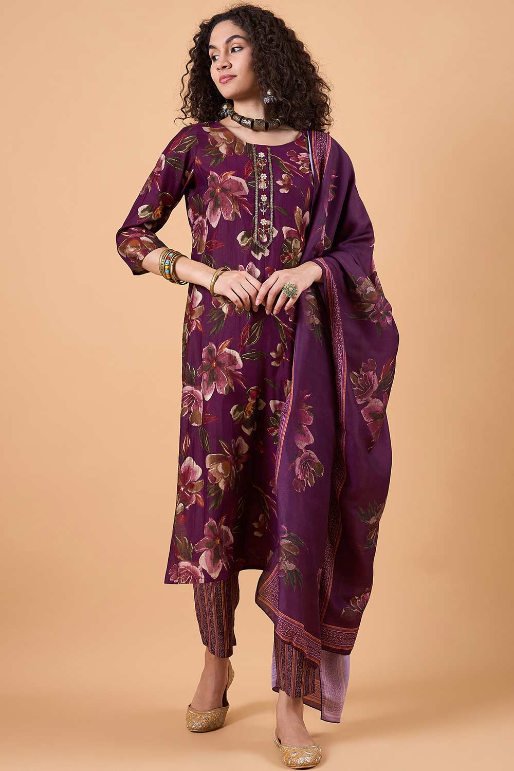 Women's Burgundy Silk Blend Printed Kurta Set