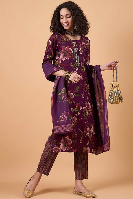 Women's Burgundy Silk Blend Printed Kurta Set