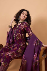 Women's Burgundy Silk Blend Printed Kurta Set