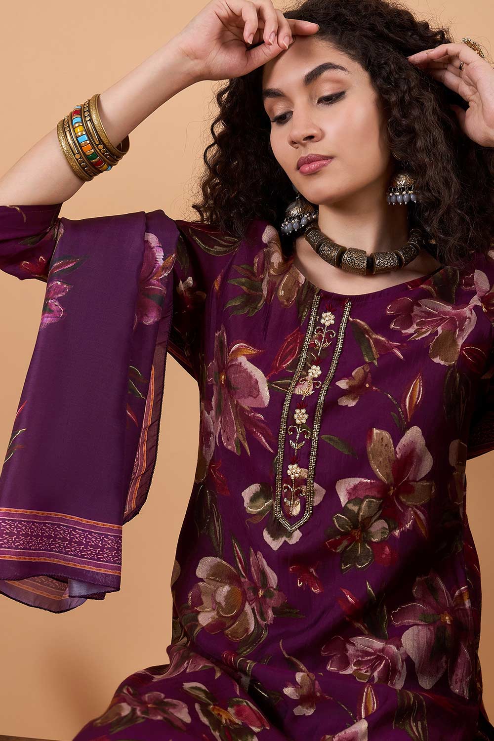 Women's Burgundy Silk Blend Printed Kurta Set