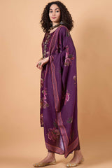 Women's Burgundy Silk Blend Printed Kurta Set