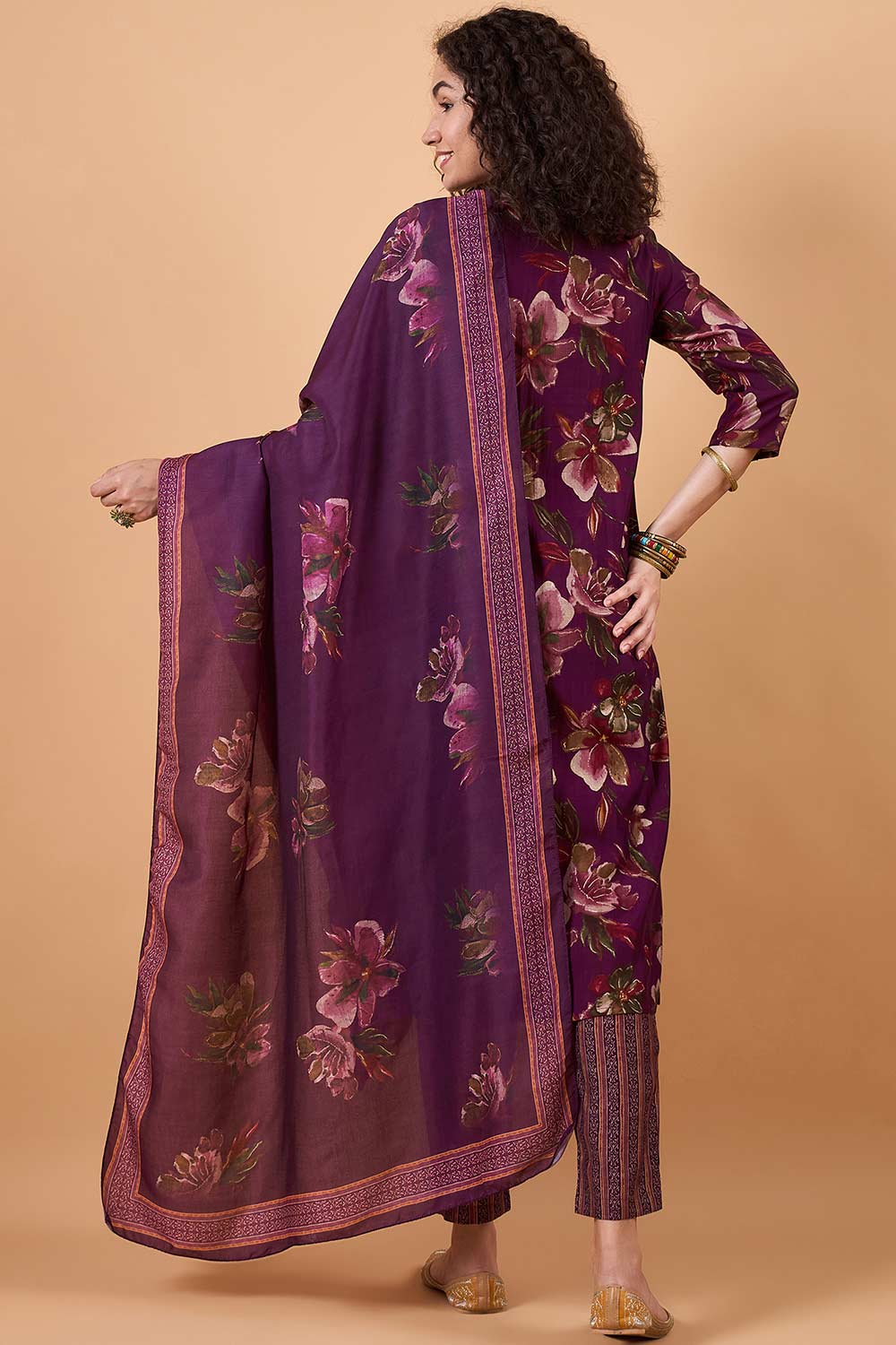 Women's Burgundy Silk Blend Printed Kurta Set