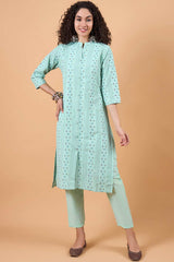 Women's Blue Cotton Printed Kurta Set