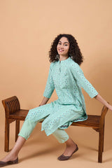 Women's Blue Cotton Printed Kurta Set