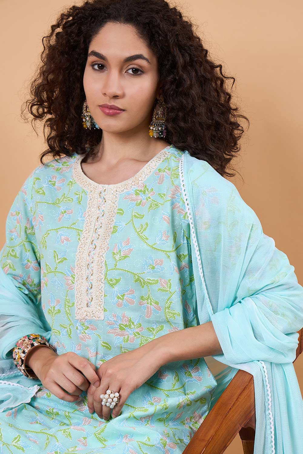 Women's Blue Cotton Printed Kurta Set