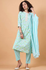 Women's Blue Cotton Printed Kurta Set