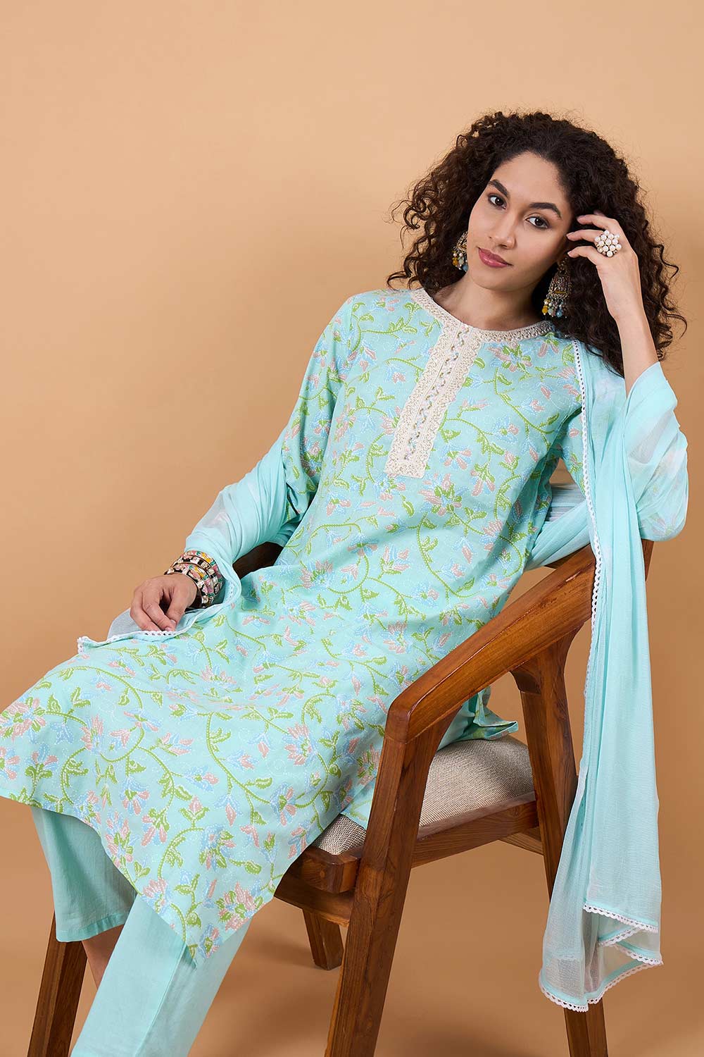 Women's Blue Cotton Printed Kurta Set