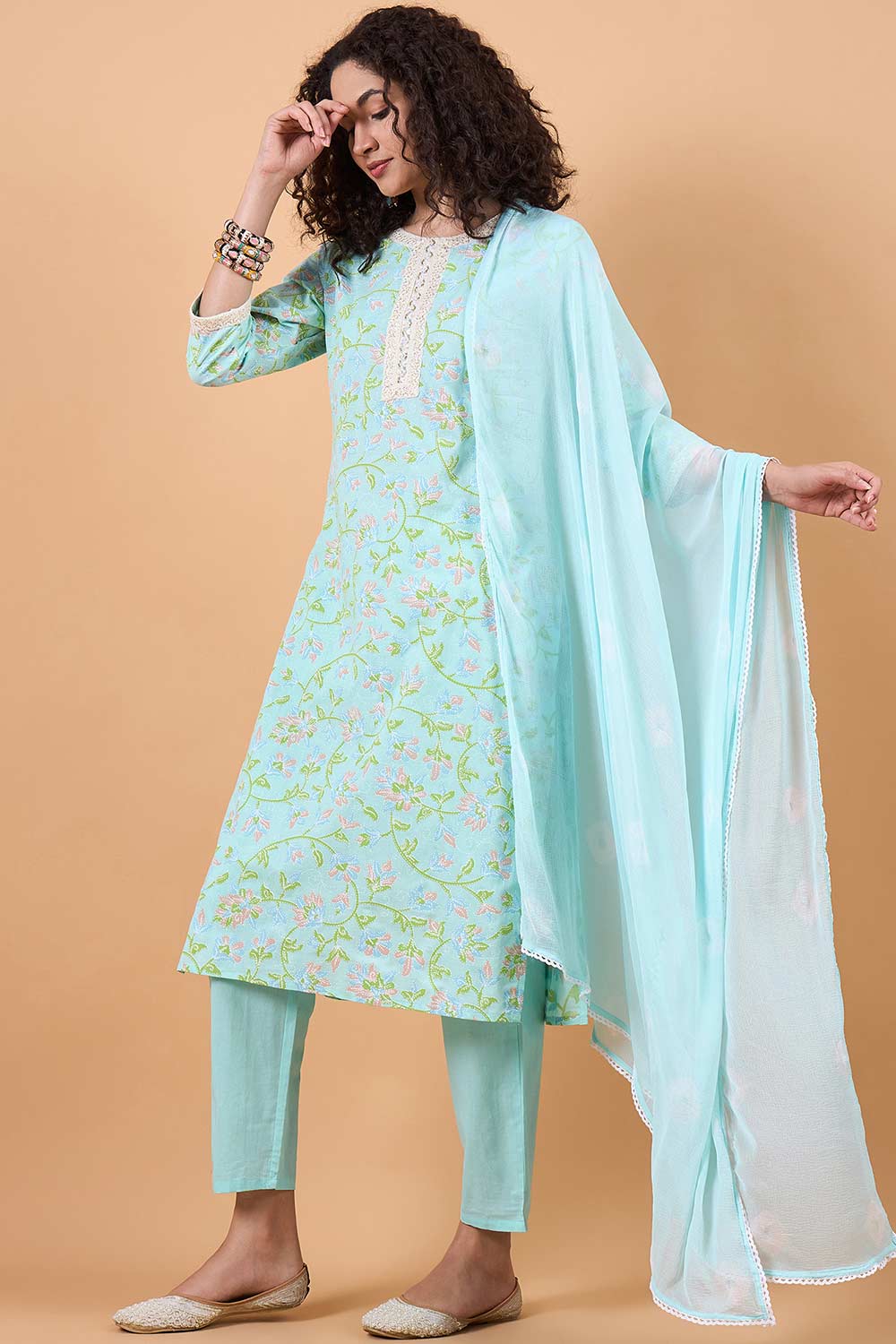 Women's Blue Cotton Printed Kurta Set