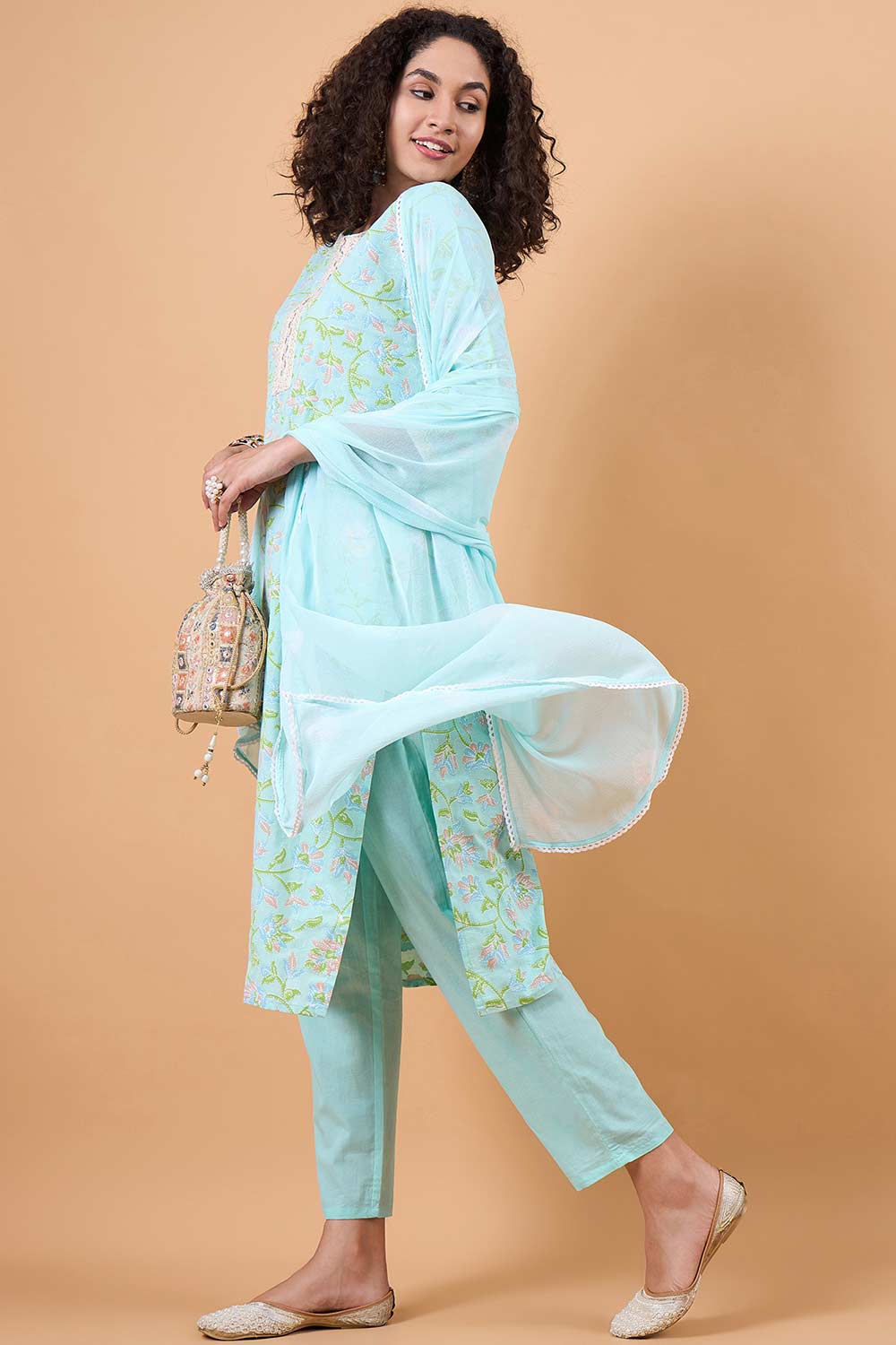 Women's Blue Cotton Printed Kurta Set