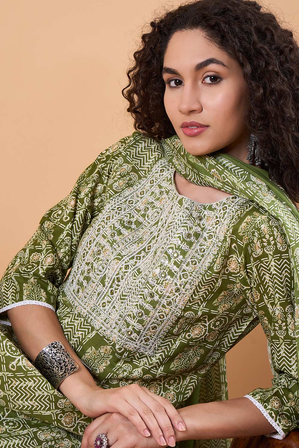 Women's Green Cotton Printed Kurta Set