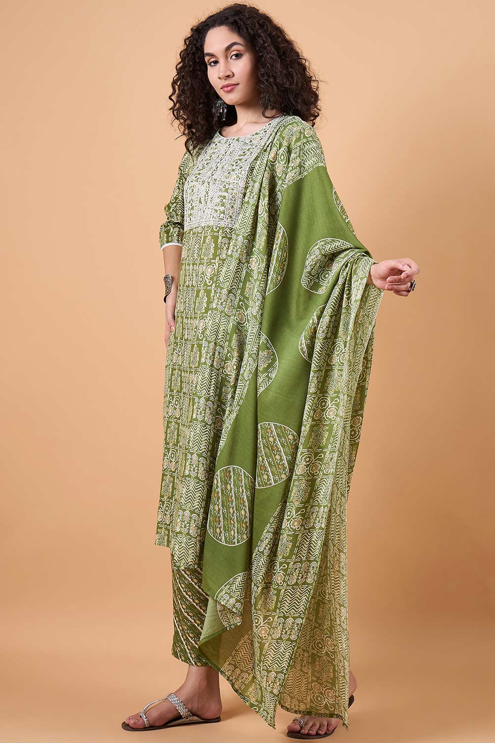 Women's Green Cotton Printed Kurti Set