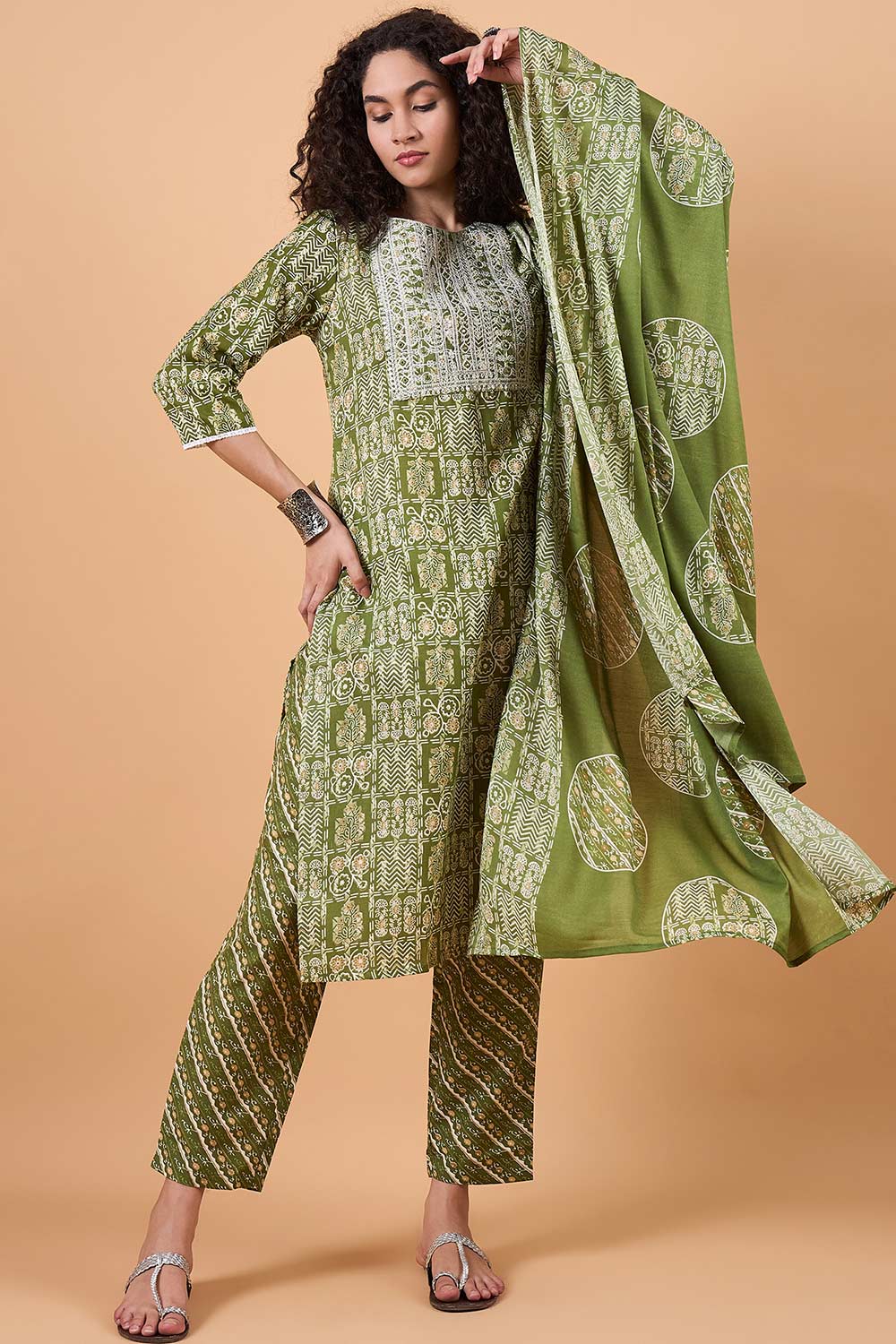 Women's Green Cotton Printed Kurti Set