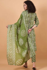 Women's Green Cotton Printed Kurti Set