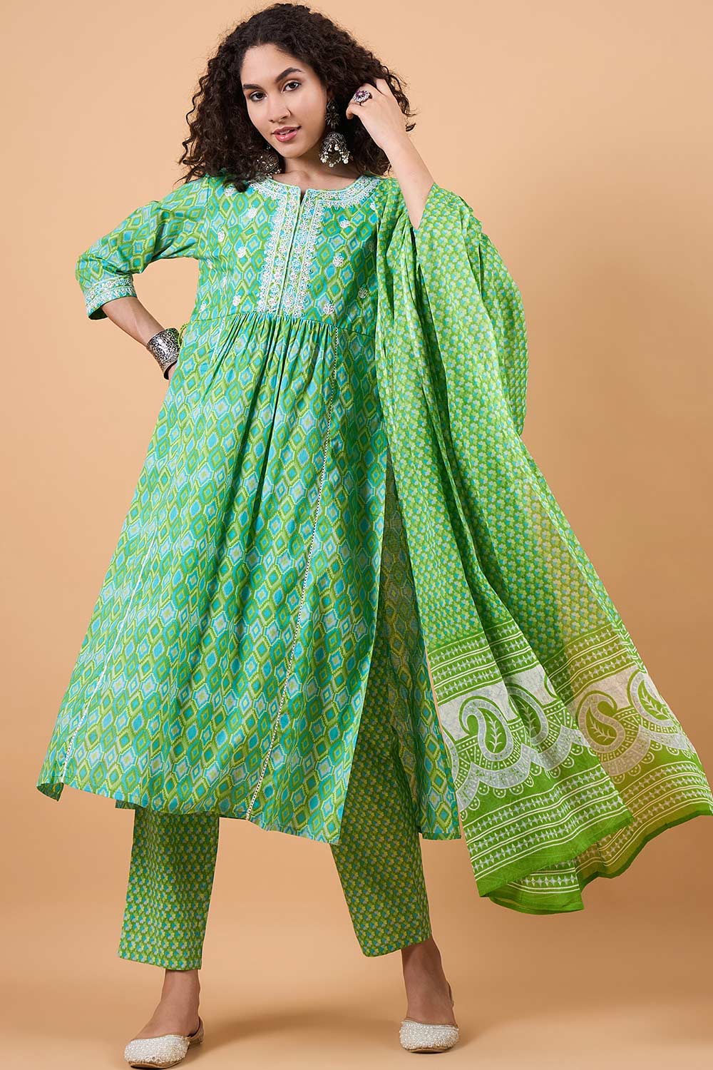 Women's Green Cotton Printed Kurta Set