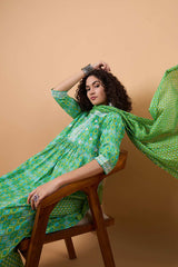 Women's Green Cotton Printed Kurti Set