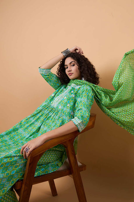 Women's Green Cotton Printed Kurti Set