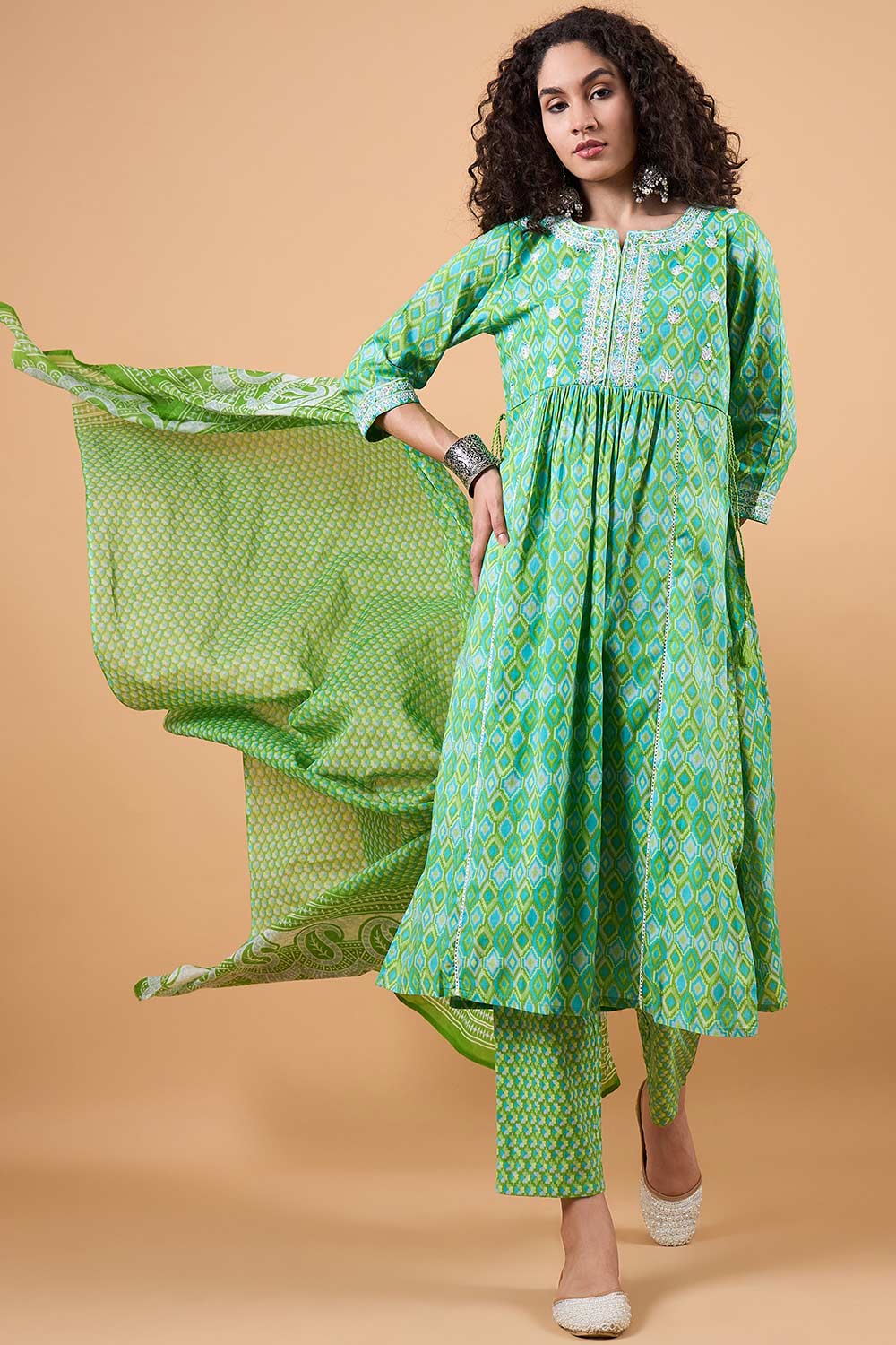 Women's Green Cotton Printed Kurti Set