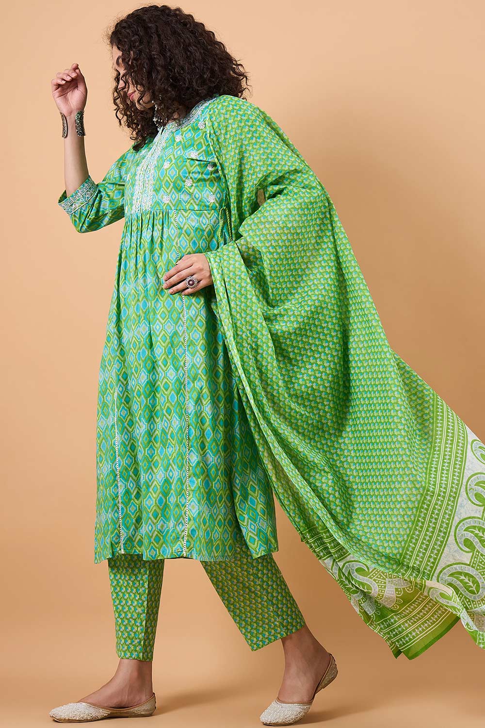 Women's Green Cotton Printed Kurta Set