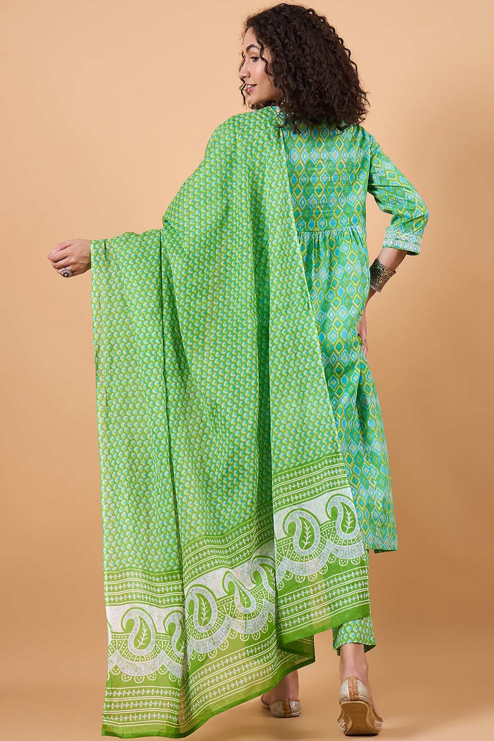 Women's Green Cotton Printed Kurta Set