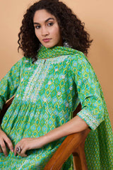 Women's Green Cotton Printed Kurta Set