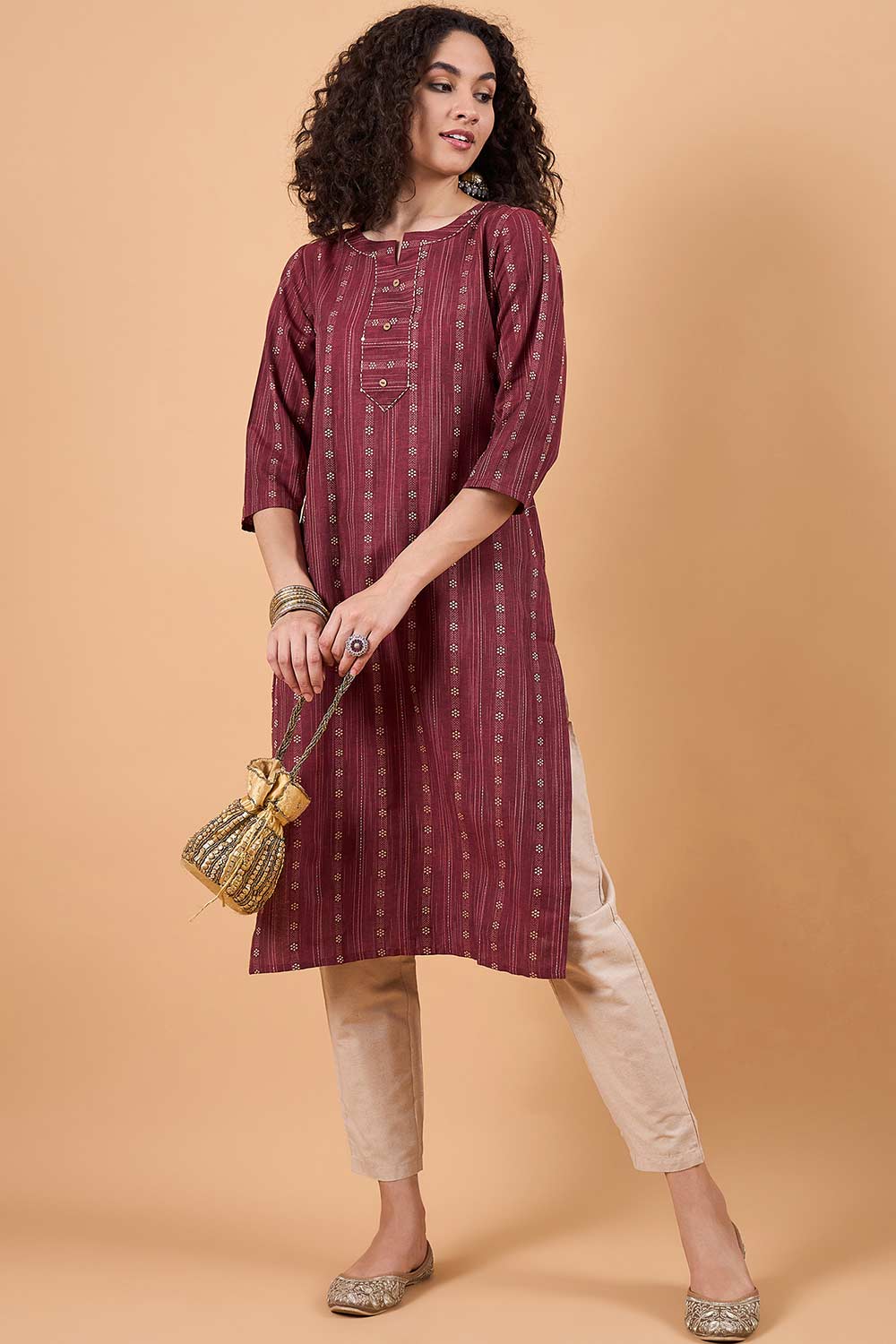 Women's Maroon Cotton Printed Kurti Set