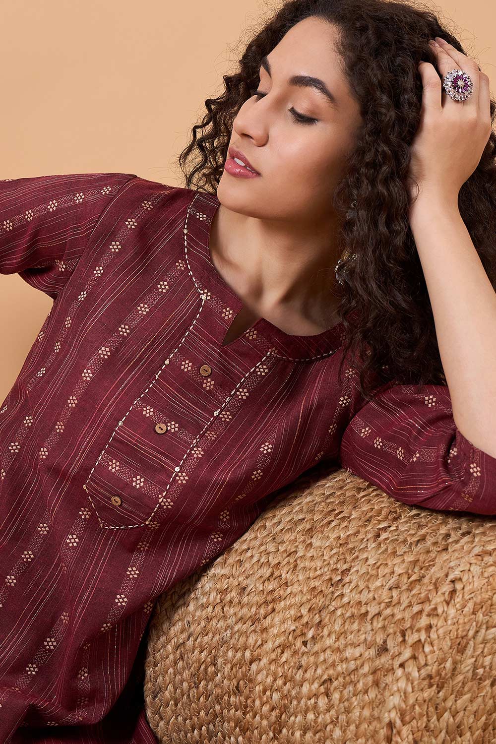 Women's Maroon Cotton Printed Kurti Set